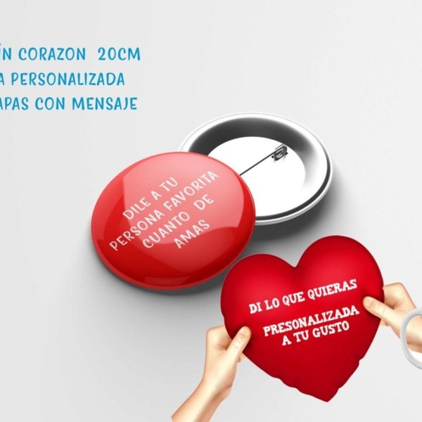 Box Amor/ 2 Chapas /1 Cojín corazón/ 1 Taza personalizada
