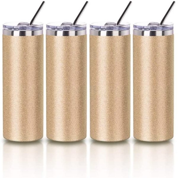 Línea Prémium | Vaso recto de acero inoxidable  | Dorado escarchado con popote de metal 20oz