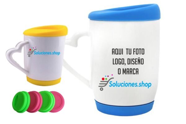 Taza blanca Tapa colores con asa corazón │Artículos Personalizado