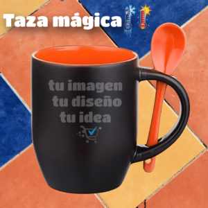 Taza Mágica con Cuchara y fondo de color Naranja | Costa Rica