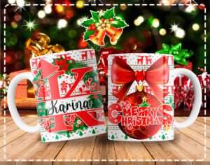 Tazas con Diseño Navideño y Letras de Abecedario Personalizables