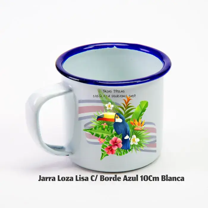 Jarra Loza personalizada C/Borde Azul 10Cm Blanca