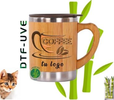 Vaso con Asa Bambú y Acero Inoxidable Personalizado con Técnica DTF-UVE