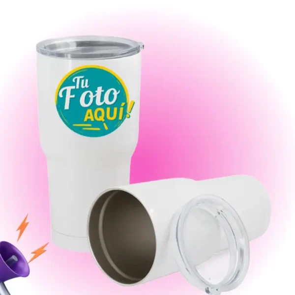 Vaso térmico de acero inoxidable 30oz para sublimación – doble pared al vacío con tapa anti salpicaduras y film retráctil