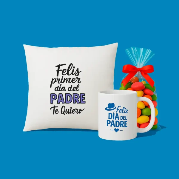 Combo Día del Padre – Taza, Cojín y Bolsa de Golosinas