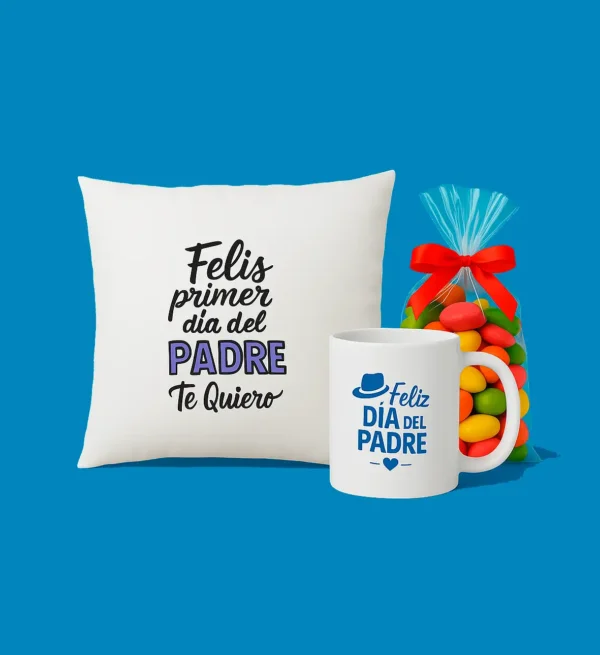 Combo Día del Padre – Taza, Cojín y Bolsa de Golosinas