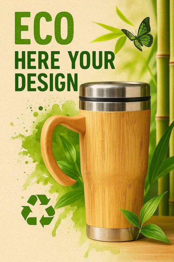 Vaso cónico bambú/acero con agarradera 450 ml personalizado