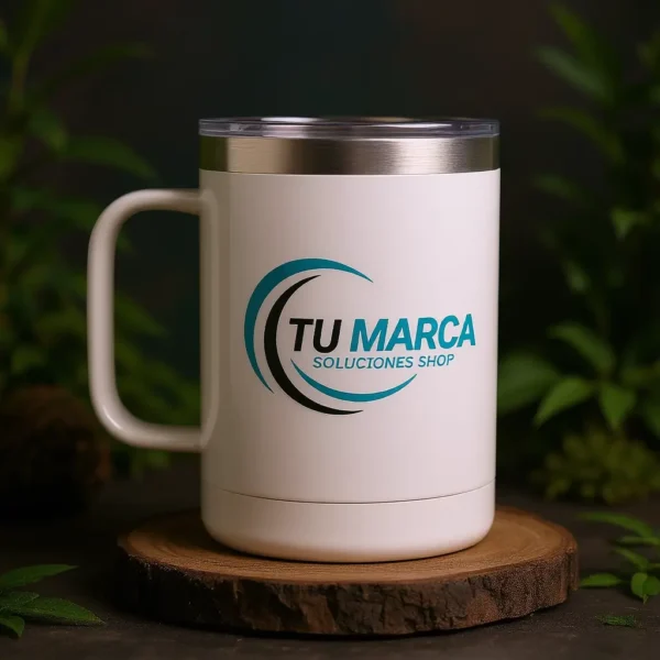 Taza Acero 400ml con Asa y Tapa 🫖 | Personalizada con Tu Diseño o Marca