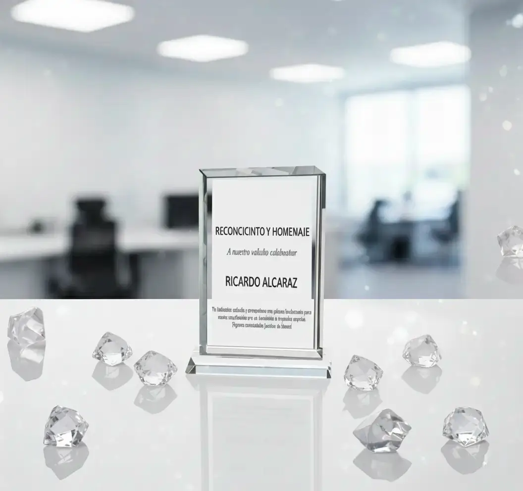 Trofeo de Vidrio Rectangular (9x13 cm) con Impresión a Color | Incluye Caja de Lujo