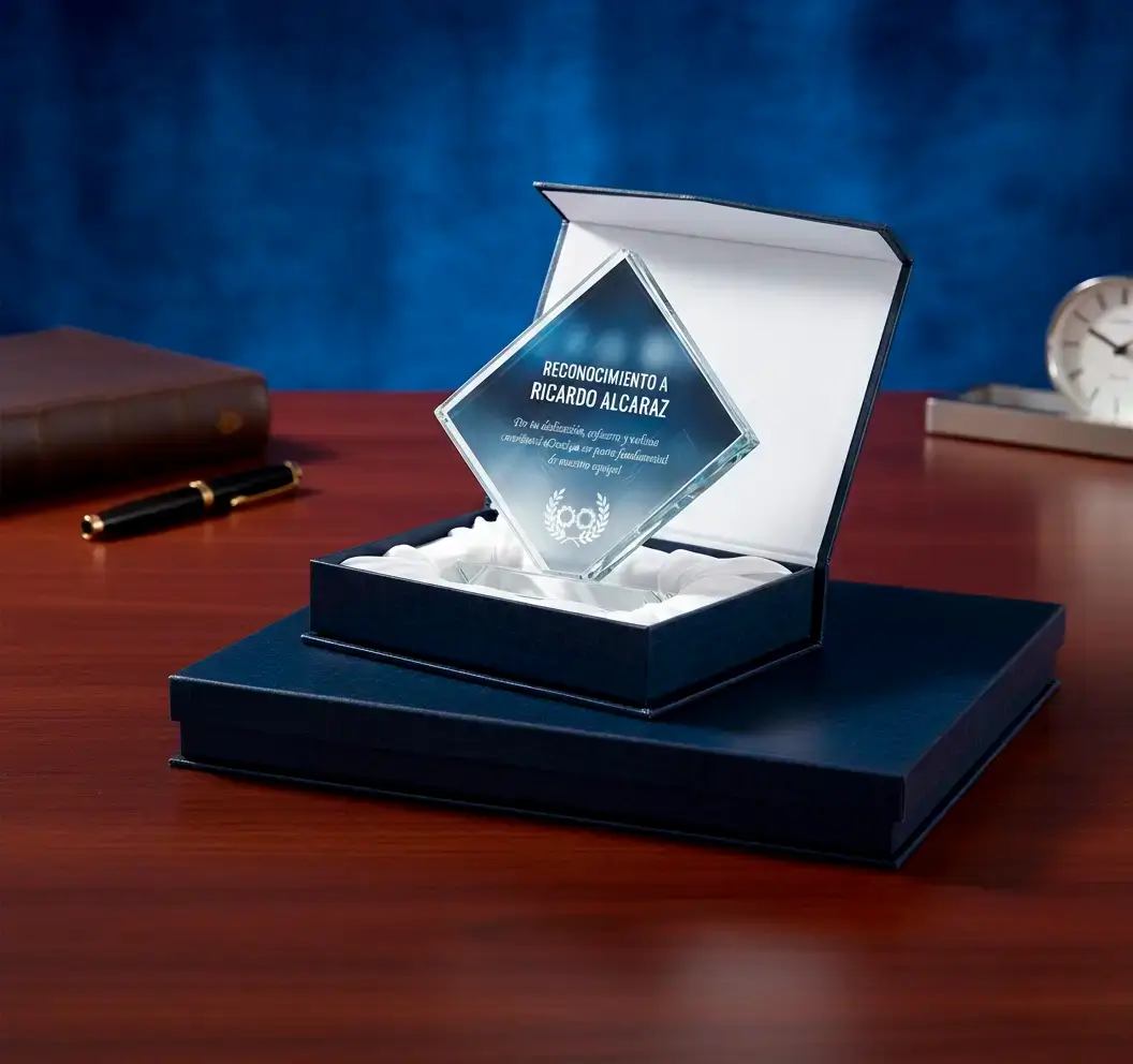 Trofeo de Vidrio Octagonal con Impresión a Color Incluye Caja de Lujo