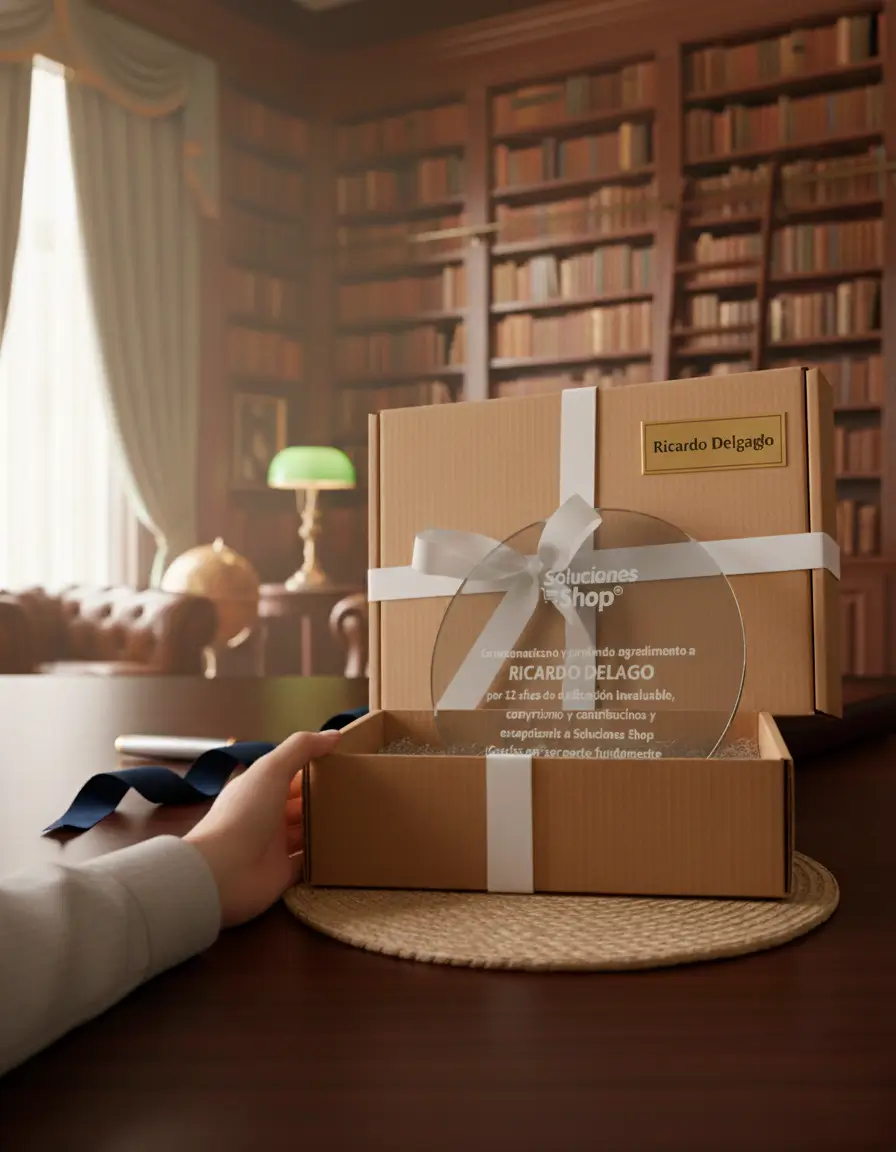 Un premio corporativo completo y listo para entregar. Este elegante trofeo de vidrio redondo de 17 cm ofrece personalización premium a tu elección: elige entre un sofisticado grabado láser directo en el vidrio o una distinguida medalla metálica para tu logo. Este producto incluye todo lo que necesitas: Personalización de Logo: A tu elección (grabado o medalla). Placa Metálica Incluida: Para el nombre del homenajeado y la fecha. Grabado Láser de Textos: Incluido en el cuerpo del trofeo. Caja de Regalo: Presentación elegante y lista para entrega inmediata.