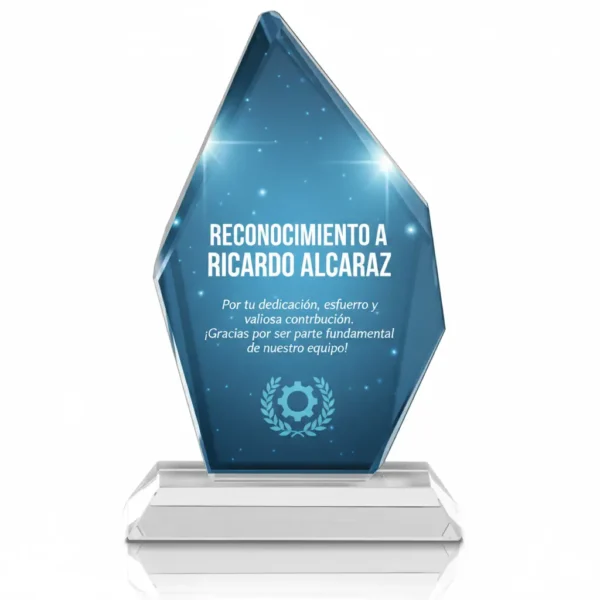Trofeo de Vidrio Triangular con Impresión a Color Incluye Caja de Lujo