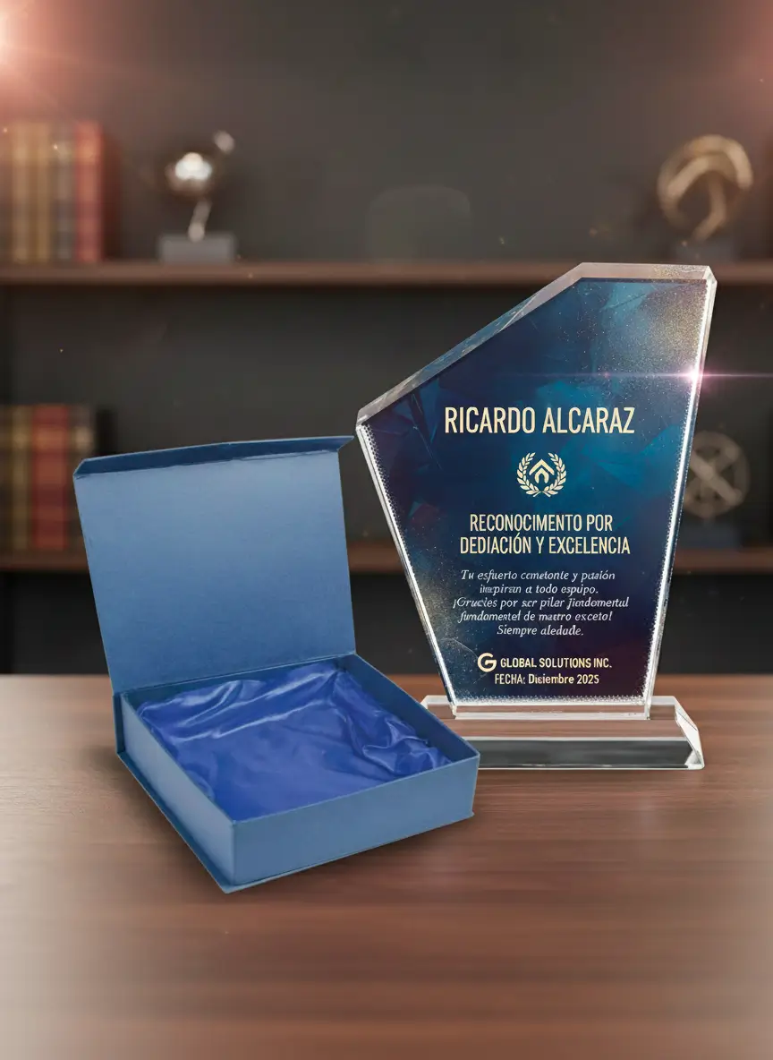 prisma, trofeo de vidrio, 14x17 cm, impresión a color, premio de empresa, caja de lujo, bordes biselados.