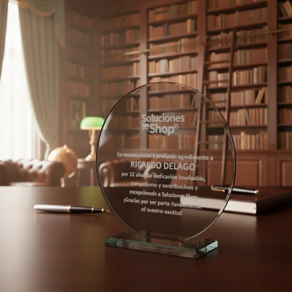 Trofeo de Vidrio Redondo (17 cm) con Grabado Incluye Placa y Caja de Regalo