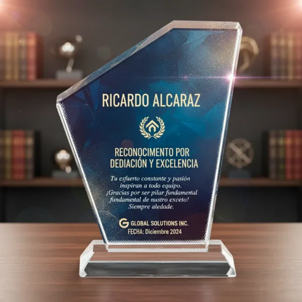 prisma, trofeo de vidrio, 14x17 cm, impresión a color, premio de empresa, caja de lujo, bordes biselados.