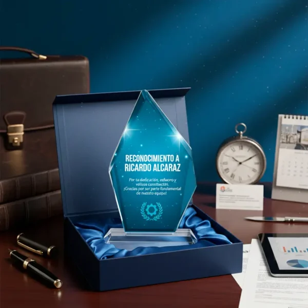 Trofeo de Vidrio Triangular con Impresión a Color Incluye Caja de Lujo