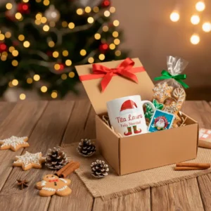 Box Empresarial Navideño Taza Personalizada, Galletitas para Decorar y Tarjetilla Navideña