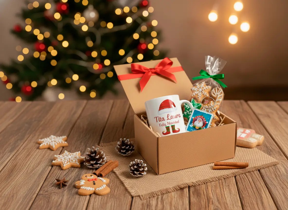 Box Empresarial Navideño Taza Personalizada, Galletitas para Decorar y Tarjetilla Navideña