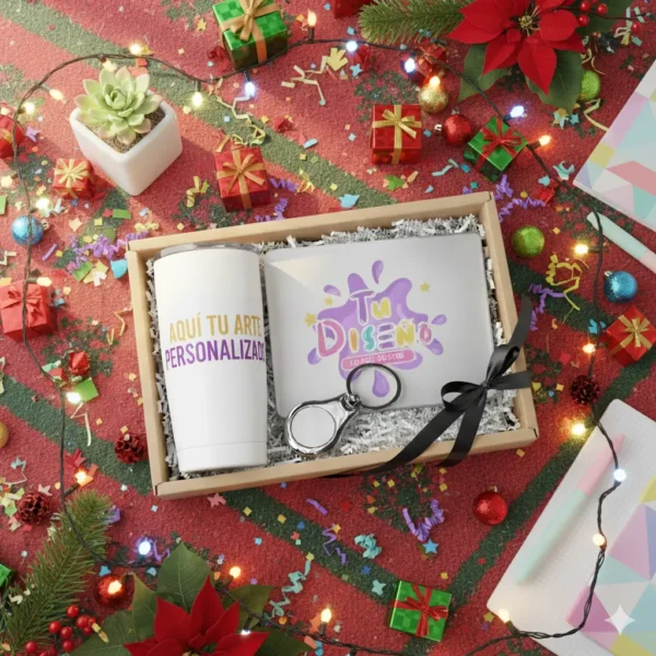 Kit Navideño Oficina Personalizado – Vaso Térmico Sublimado + Mouse Pad + Llavero Acero en Caja Lista para Regalo