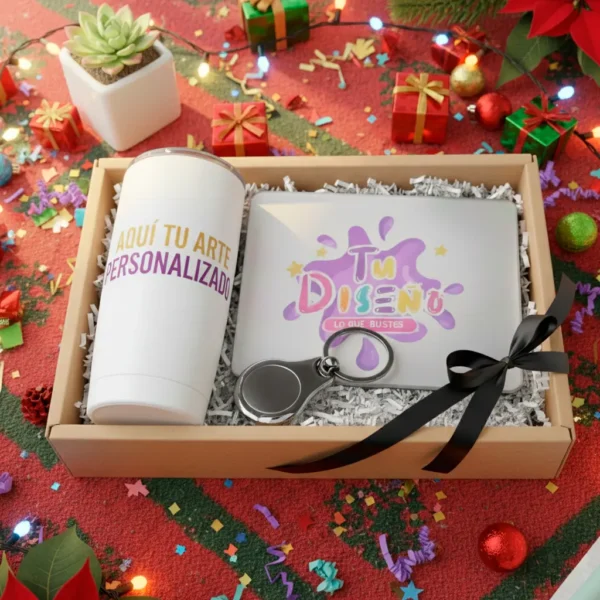 Kit Navideño Oficina Personalizado – Vaso Térmico Sublimado + Mouse Pad + Llavero Acero en Caja Lista para Regalo