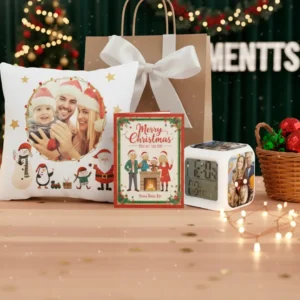 Kit de Regalo Navideño: Almohada Personalizada, Reloj Decorativo, Bolsa Especial y Tarjeta Navideña