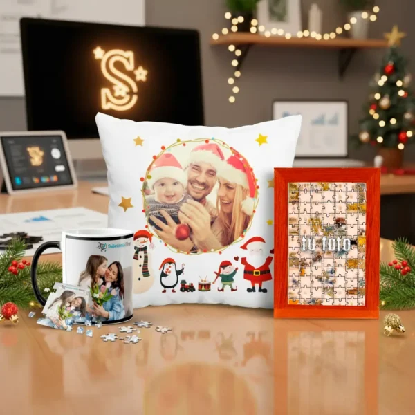 Kit de Regalo Navideño Empresarial con Almohada 35 cm, Reloj Personalizado y Bolsa Kraft | Soluciones Shop Costa Rica
