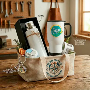 Kit viajero personalizado para el dia del padre con jarro de aluminio termo y llavero con foto