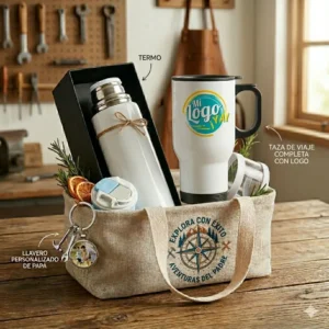 Kit viajero personalizado para el dia del padre con jarro de aluminio termo y llavero con foto