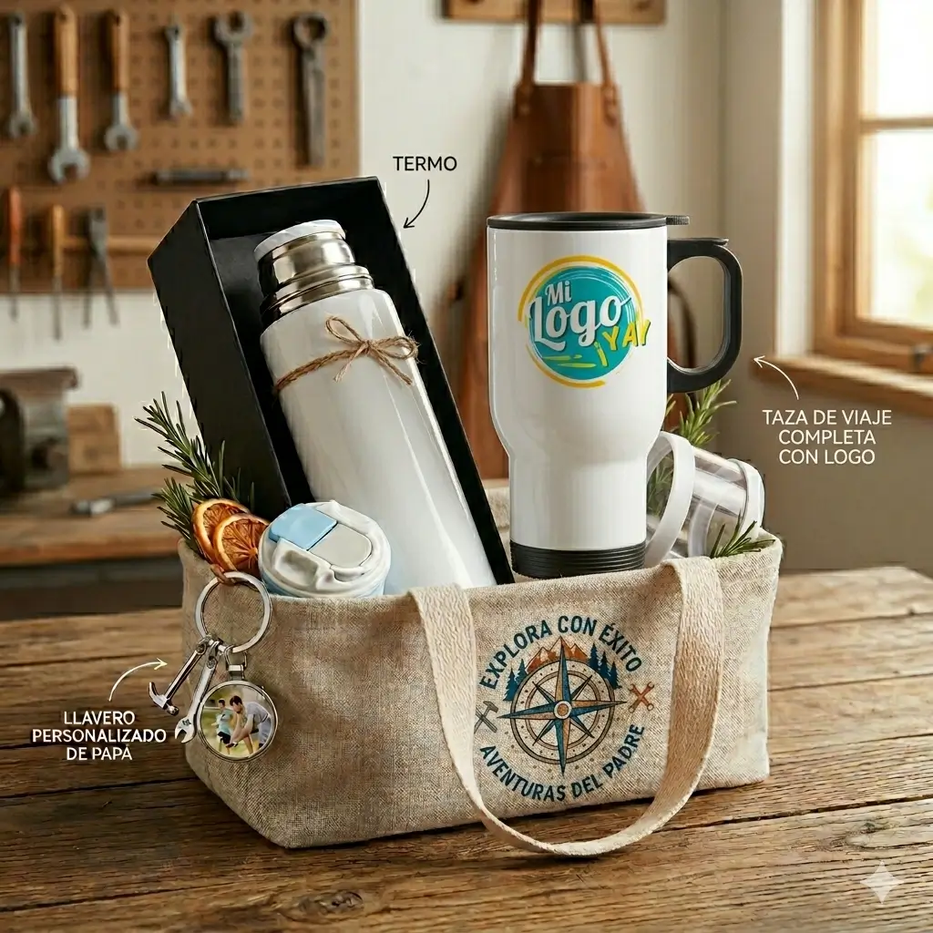 Kit viajero personalizado para el dia del padre con jarro de aluminio termo y llavero con foto