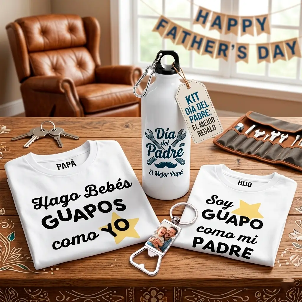 Kit de Regalo Día del Padre: Camisetas Personalizadas, Botella y Llavero