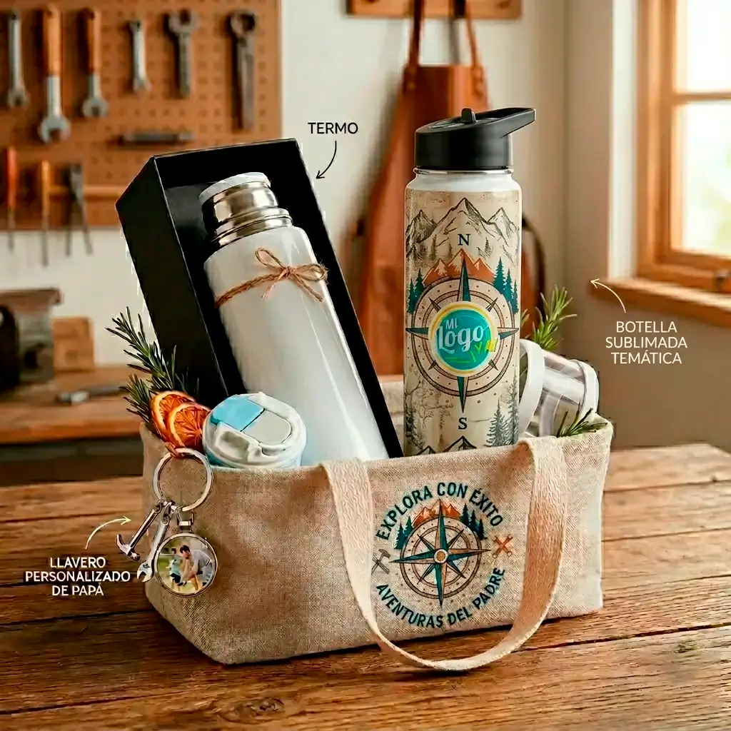 Kit de aventura personalizado para el dia del padre con botella tematica termo llavero de herramientas con foto y bolsa de tela