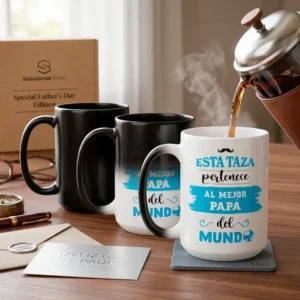 Taza mágica de cerámica negra revelando mensaje "Al mejor papá del mundo" al contacto con café caliente.