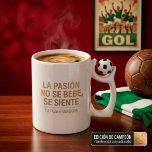 Taza Futbolera Premium con Balón Giratorio - "La Pasión se Siente"