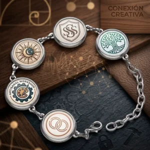 Pack duo de dos pulseras de eslabones personalizadas con logos de Soluciones Shop sobre fondo de madera neuromarketing