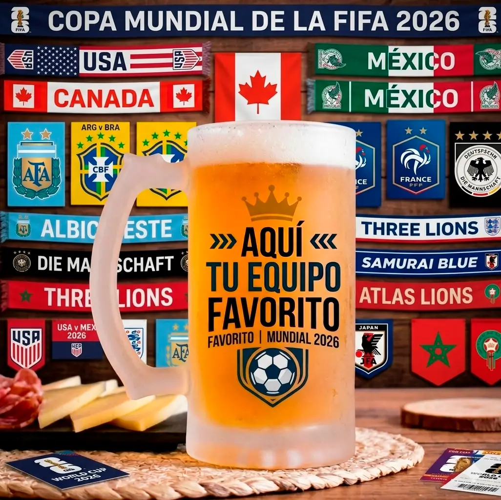 Jarra cervecera de vidrio pavonado personalizada con escudo de equipo de fútbol de Costa Rica Jarra cervecera de vidrio pavonado personalizada con escudo de equipo de fútbol de Costa Rica
