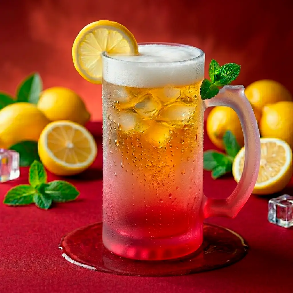 Jarra cervecera de vidrio esmerilado con fondo arra cervecera de vidrio esmerilado con fondo rojo intenso y degradado, llena de cerveza fría con espuma blanca sobre una superficie elegante.