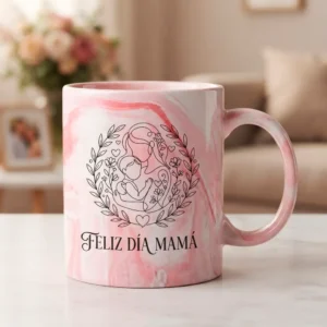 Taza Personalizada Efecto Mármol Rosa - Diseño Lineal Día de la Madre