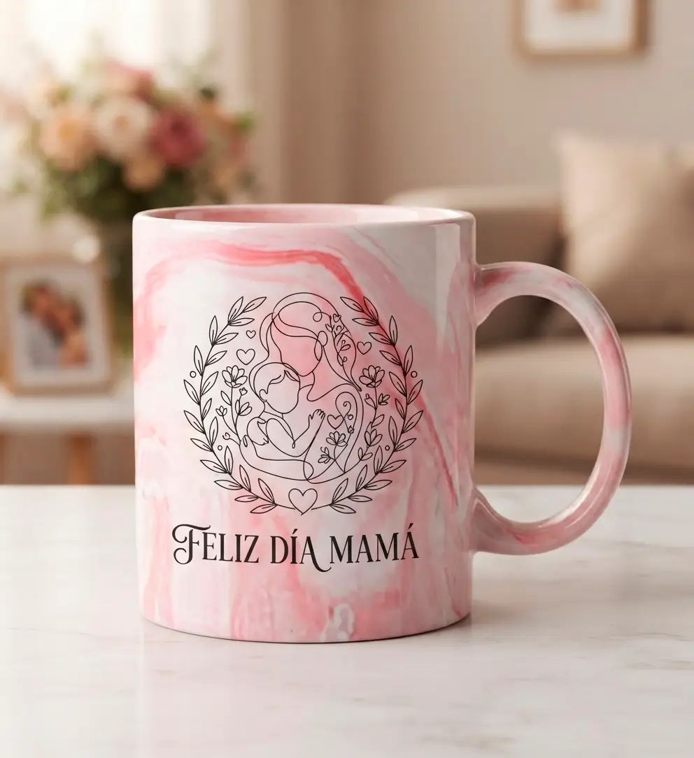 Taza Personalizada Efecto Mármol Rosa - Diseño Lineal Día de la Madre